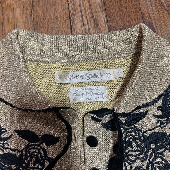 DITA VON TEESE- Wheels and Dollbaby  Gold Cardigan with Black Floral Design - Picture 2 of 5